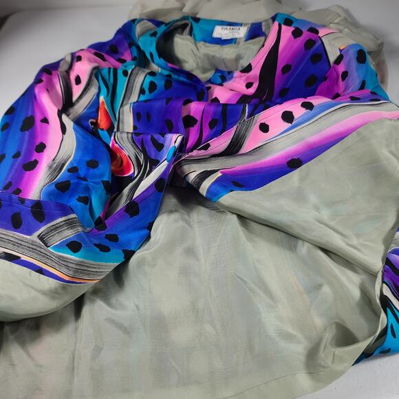Yolanda Lorente Vintage Blue Pink Teal BOHO Hand Painted Silk Shirt Jacket XL - Picture 4 of 5